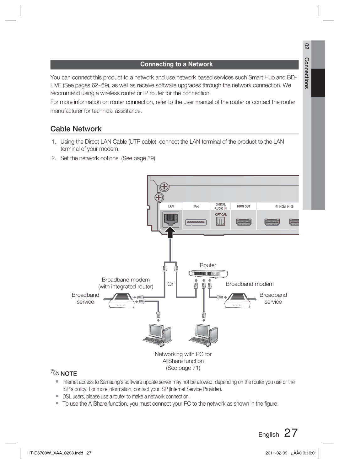 Samsung HT-D6730W user manual Cable Network, Connecting to a Network 