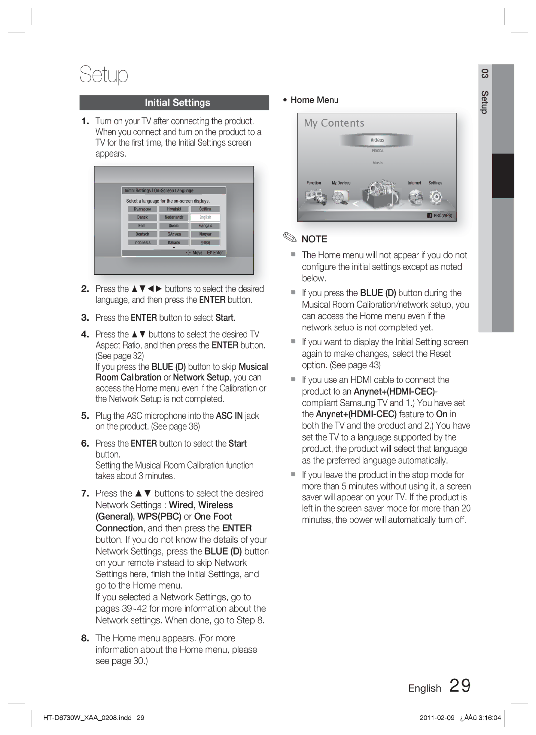 Samsung HT-D6730W user manual Setup, My Contents 