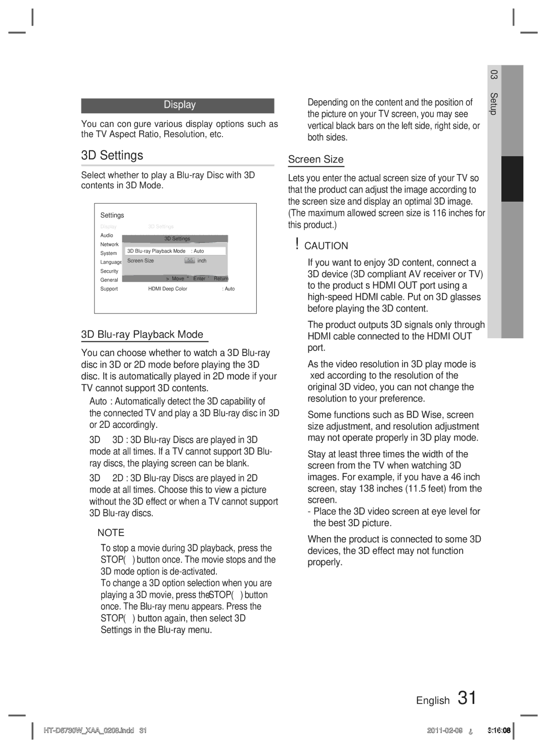 Samsung HT-D6730W user manual Display, 3D Blu-ray Playback Mode, Screen Size 