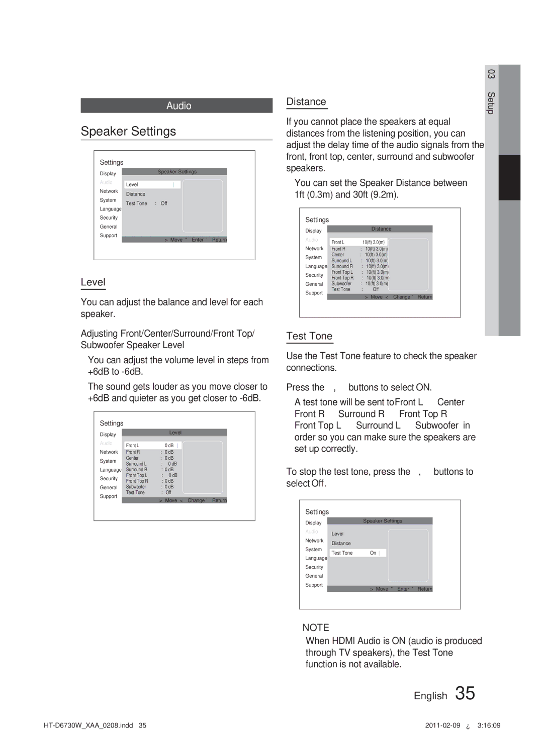 Samsung HT-D6730W user manual Speaker Settings, Audio, Level, Test Tone, Distance 