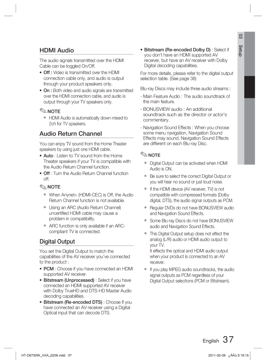 Samsung HT-D6730W user manual Hdmi Audio, Audio Return Channel, Digital Output 