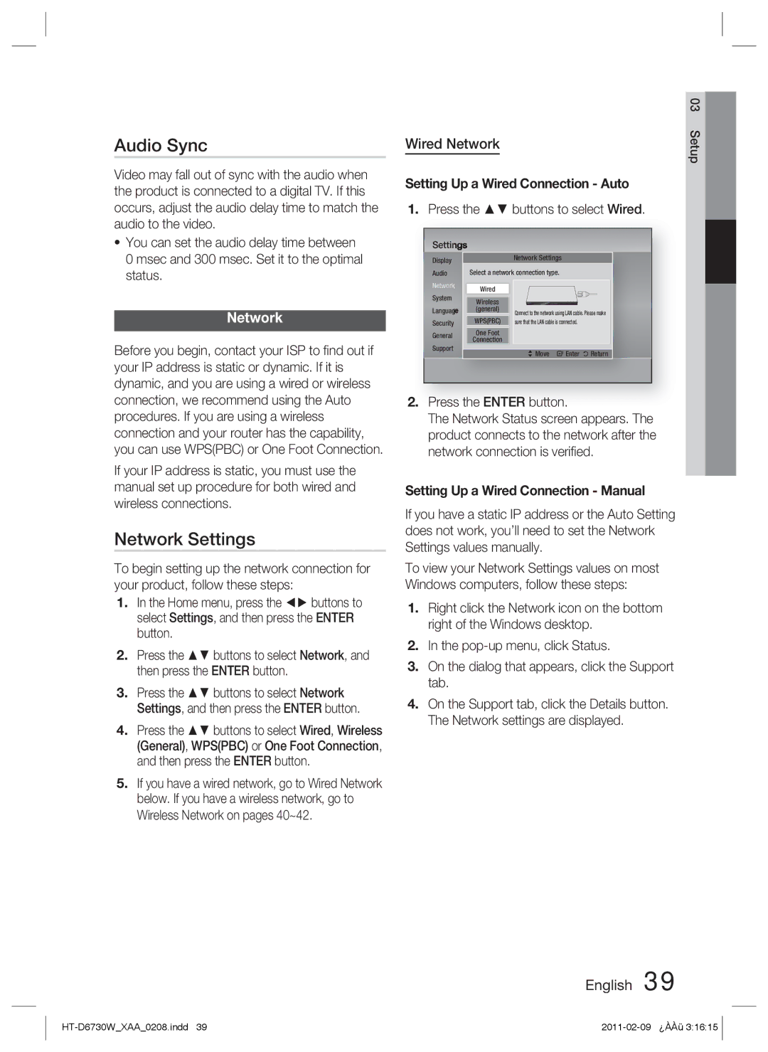 Samsung HT-D6730W user manual Audio Sync, Network Settings, Wired Network 