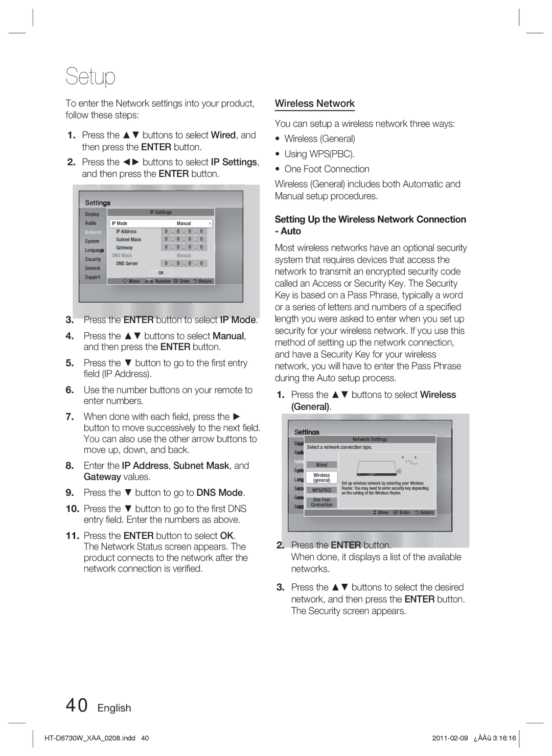 Samsung HT-D6730W user manual Wireless Network 