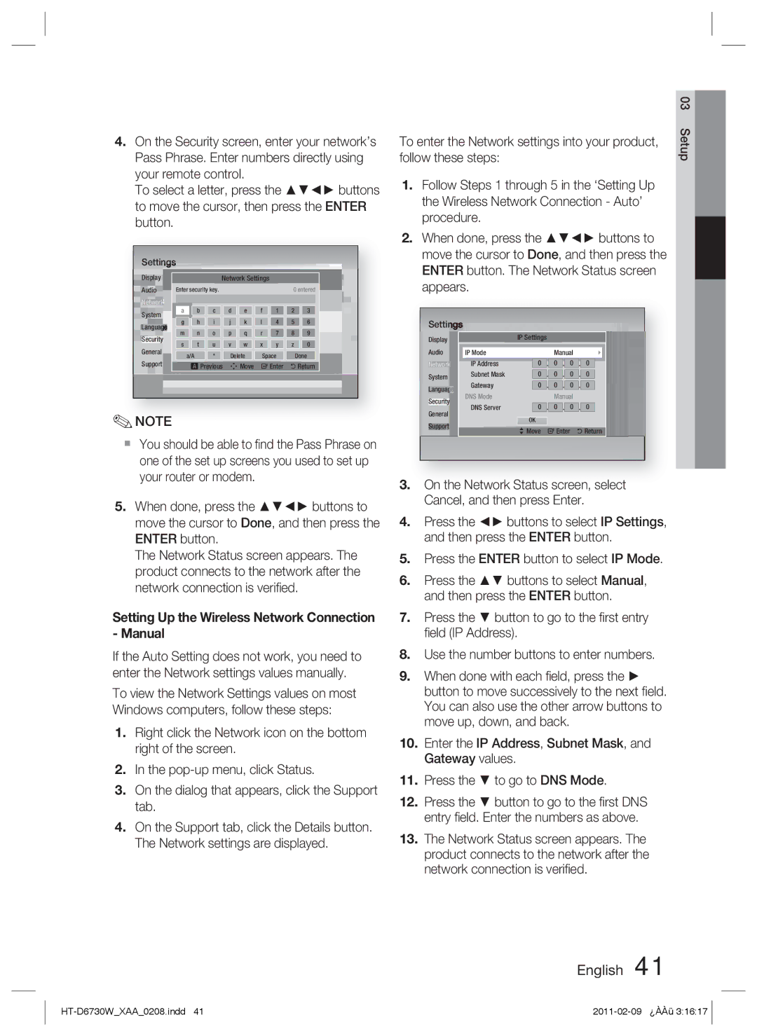 Samsung HT-D6730W user manual Setting Up the Wireless Network Connection Manual 