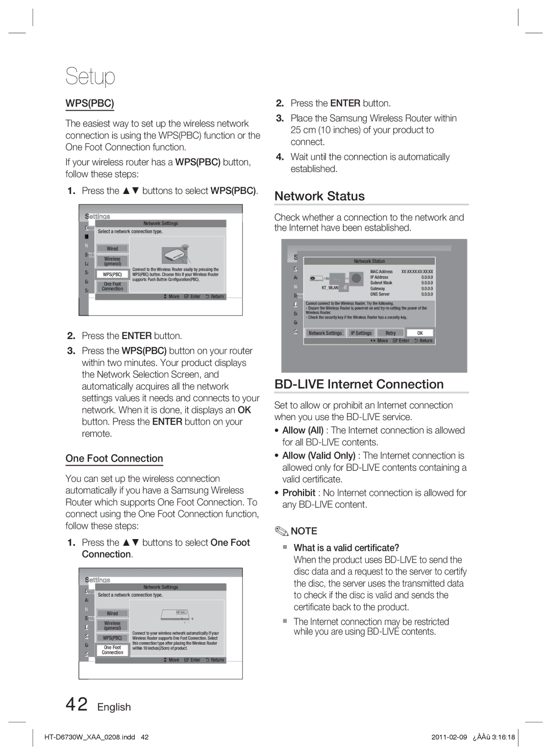 Samsung HT-D6730W Network Status, BD-LIVE Internet Connection, One Foot Connection, Certiﬁcate back to the product 