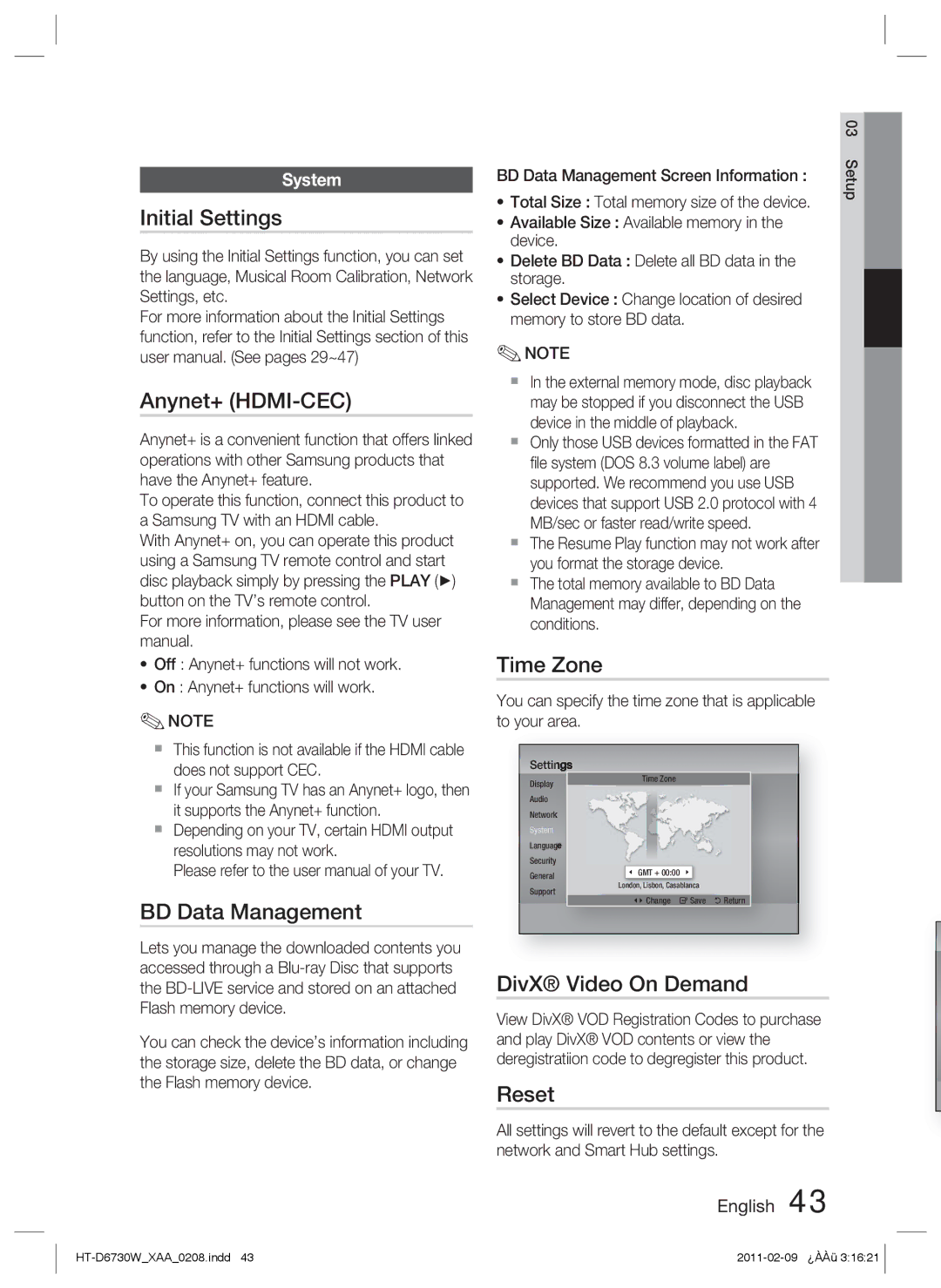 Samsung HT-D6730W Initial Settings, Anynet+ HDMI-CEC, BD Data Management, Time Zone, DivX Video On Demand, Reset 