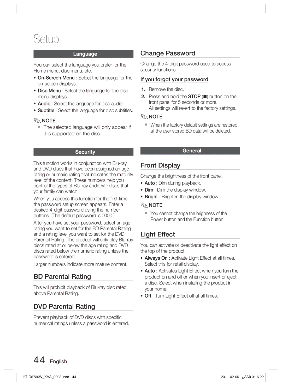 Samsung HT-D6730W user manual Change Password, BD Parental Rating, DVD Parental Rating, Front Display, Light Effect 