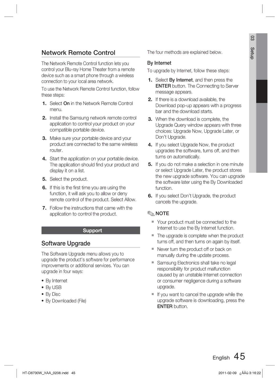 Samsung HT-D6730W user manual Network Remote Control, Software Upgrade, Support, By Internet 