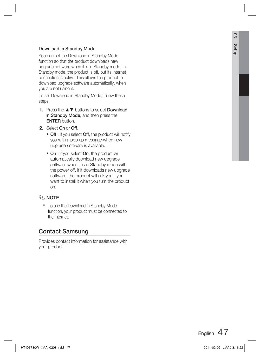 Samsung HT-D6730W user manual Contact Samsung, Download in Standby Mode 