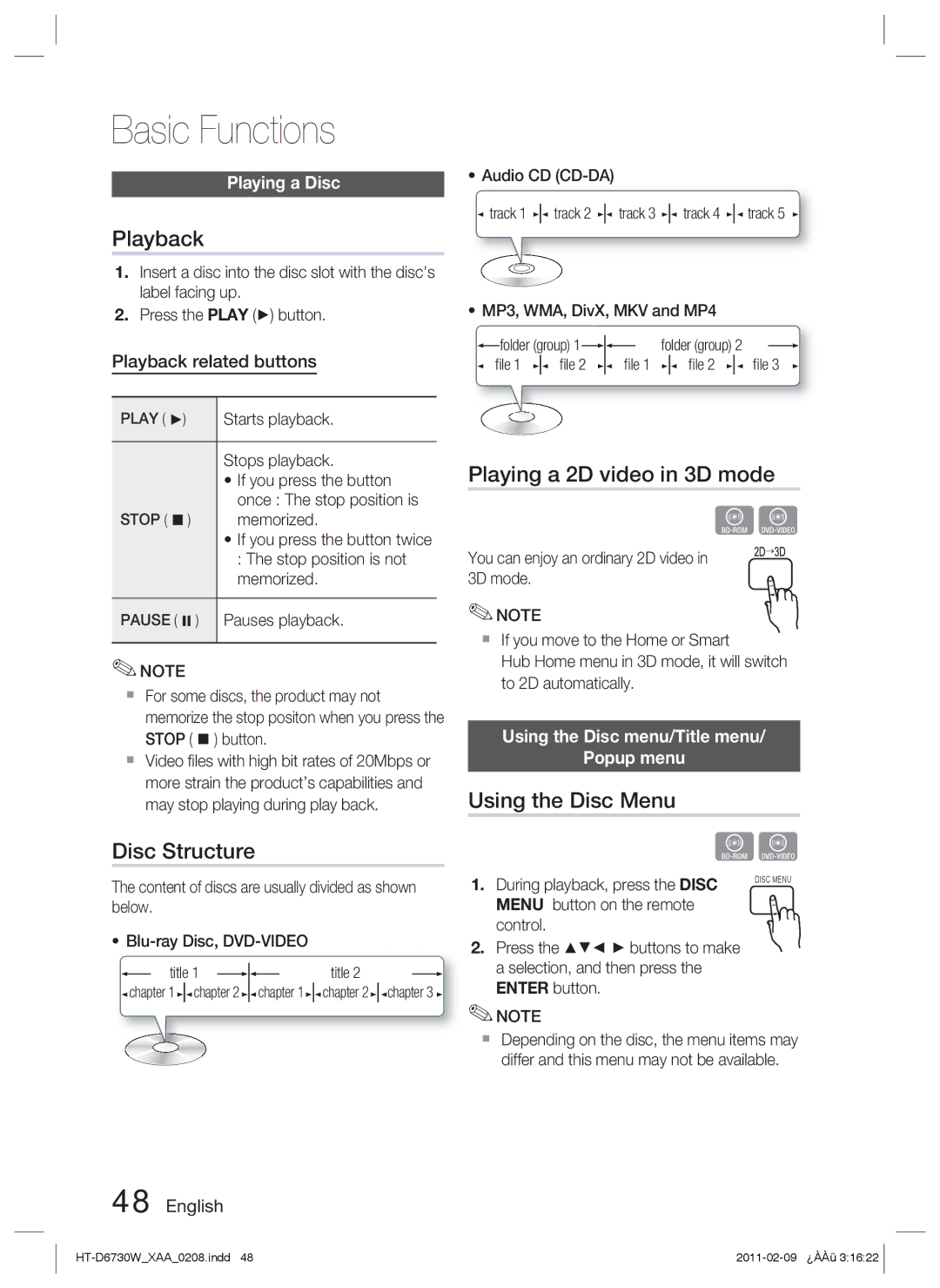 Samsung HT-D6730W user manual Basic Functions, Playback, Disc Structure, Playing a 2D video in 3D mode, Using the Disc Menu 