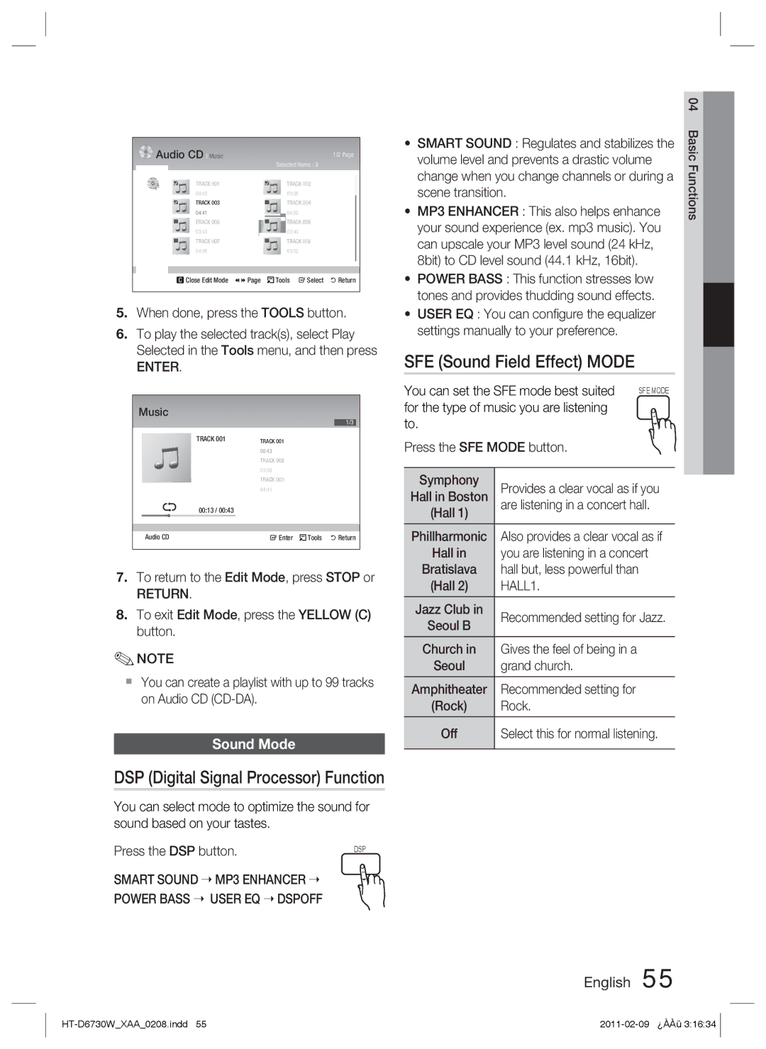 Samsung HT-D6730W user manual SFE Sound Field Effect Mode, DSP Digital Signal Processor Function, Sound Mode 