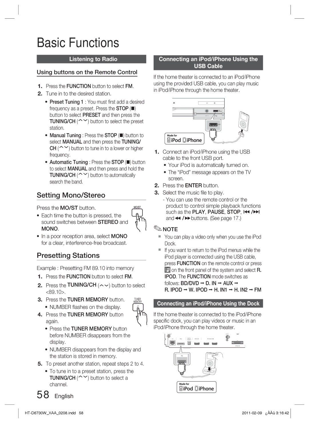 Samsung HT-D6730W Setting Mono/Stereo, Presetting Stations, Listening to Radio, Connecting an iPod/iPhone Using USB Cable 