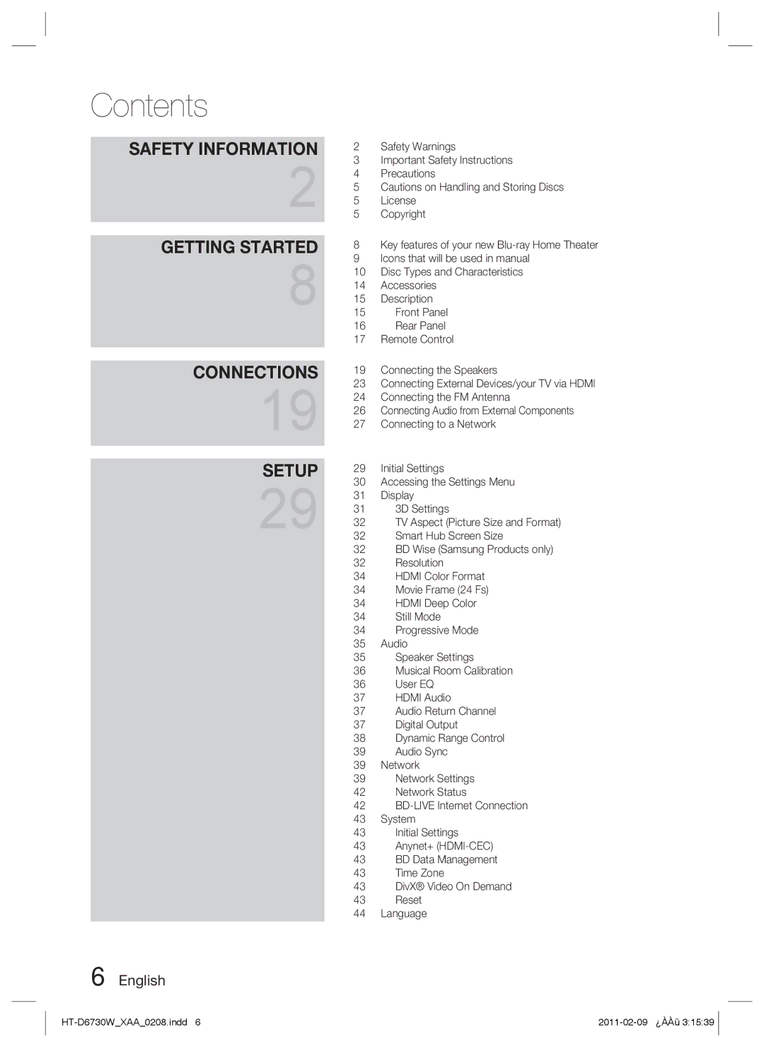 Samsung HT-D6730W user manual Contents 