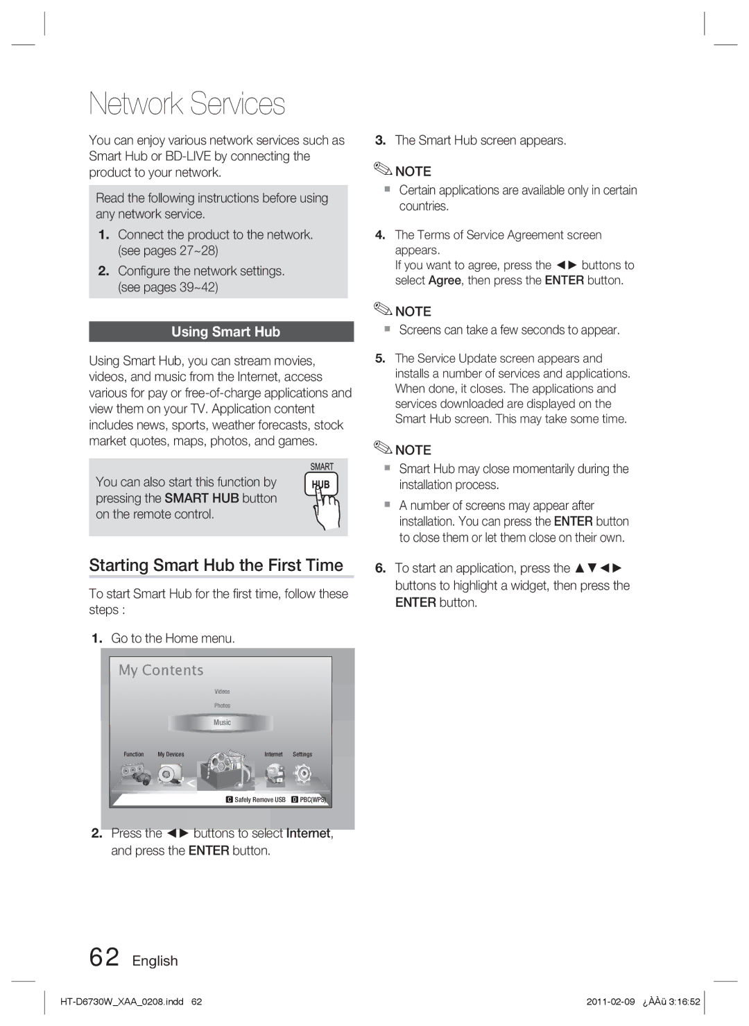 Samsung HT-D6730W user manual Network Services, Starting Smart Hub the First Time, Using Smart Hub 