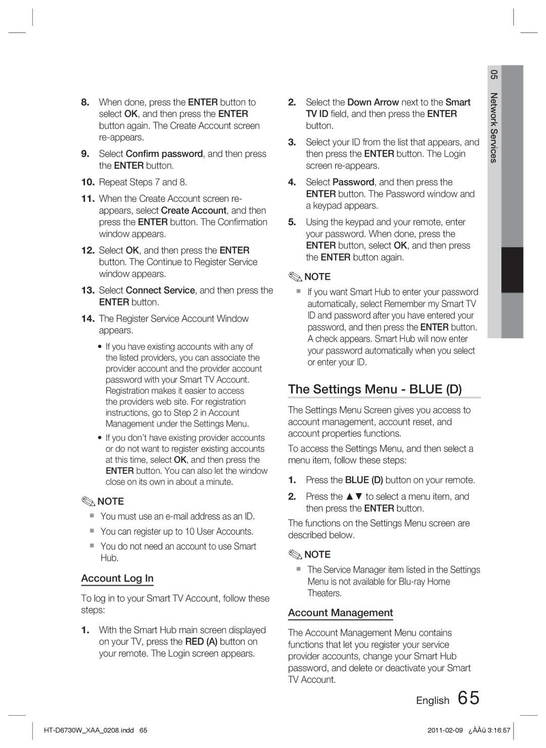 Samsung HT-D6730W user manual Settings Menu Blue D, Account Log, Account Management 