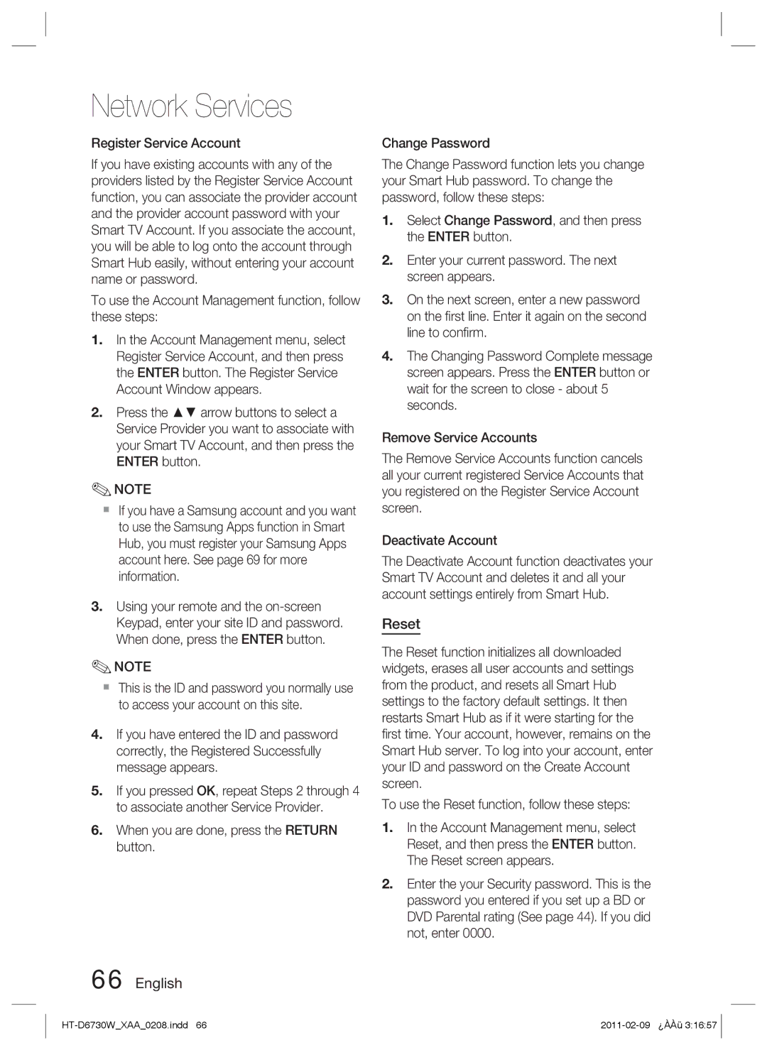 Samsung HT-D6730W user manual Reset, Register Service Account, To use the Account Management function, follow these steps 