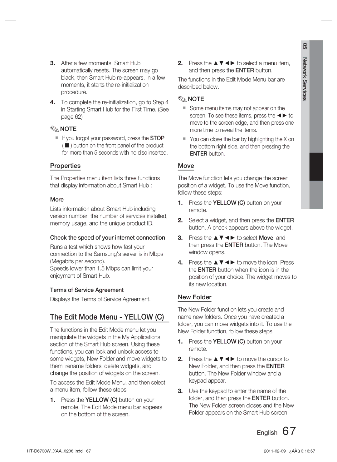 Samsung HT-D6730W user manual Edit Mode Menu Yellow C, Properties, Move, New Folder, More 