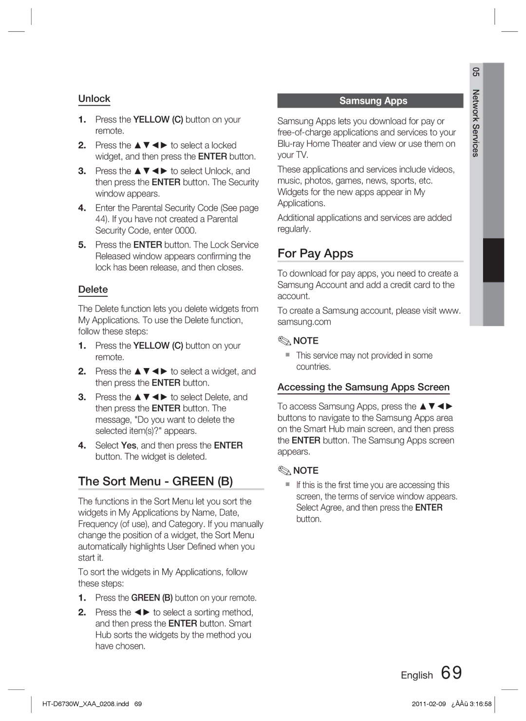 Samsung HT-D6730W user manual Sort Menu Green B, For Pay Apps, Samsung Apps 