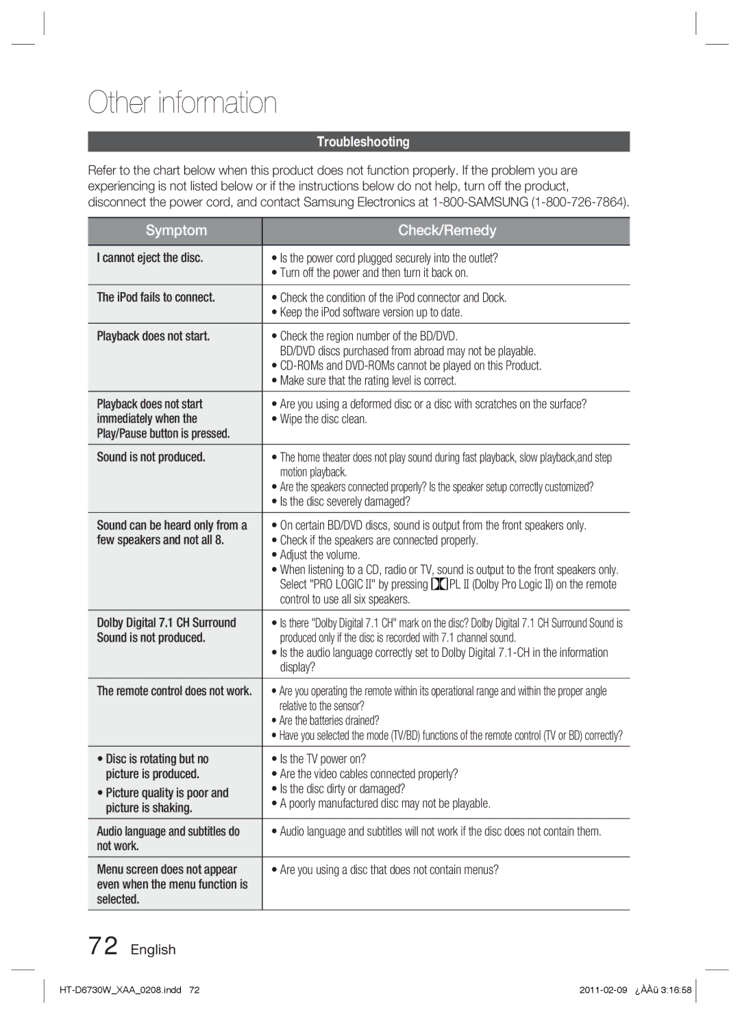 Samsung HT-D6730W user manual Other information, Troubleshooting 