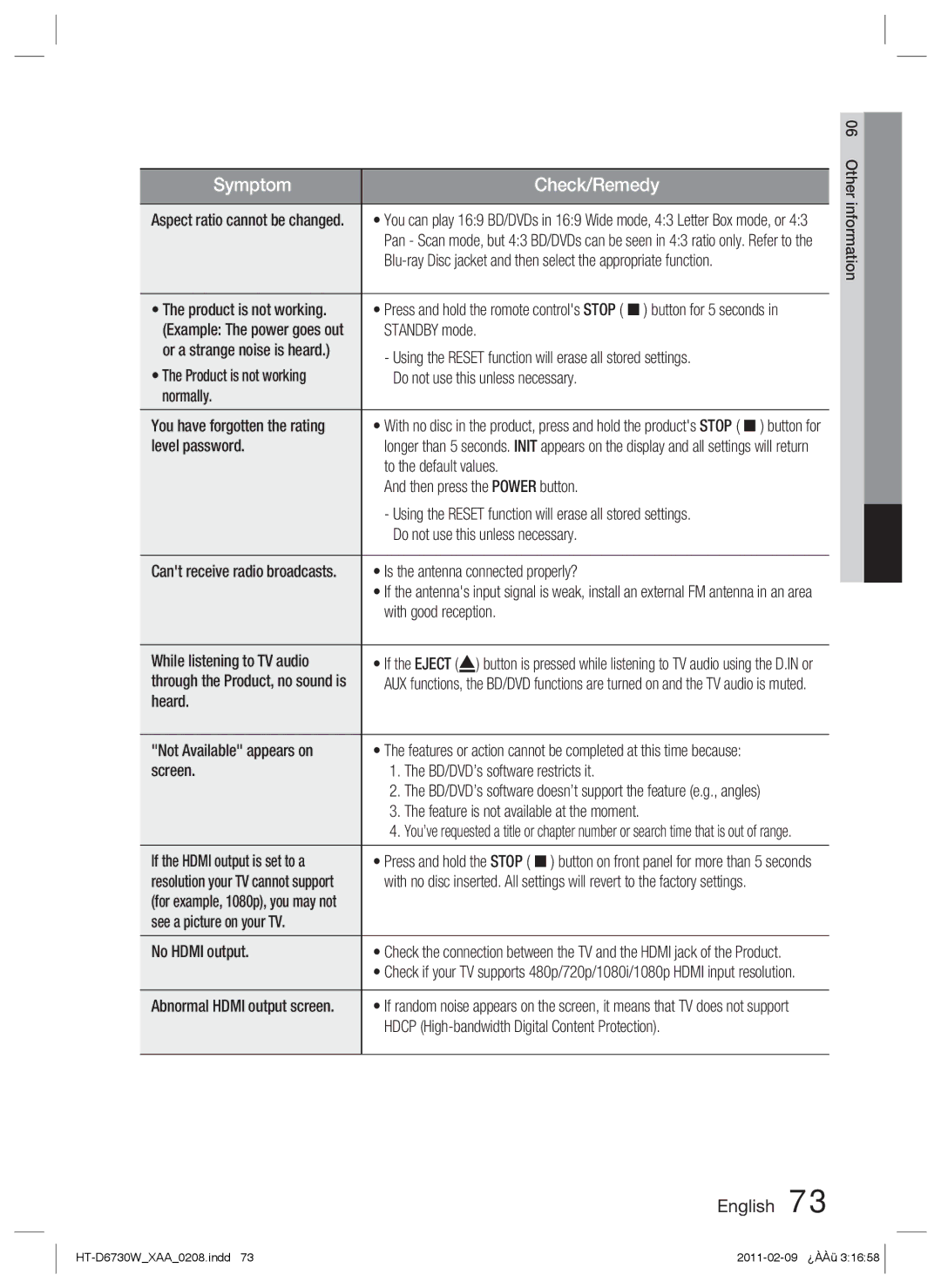 Samsung HT-D6730W user manual Product is not working, Standby mode, Using the Reset function will erase all stored settings 