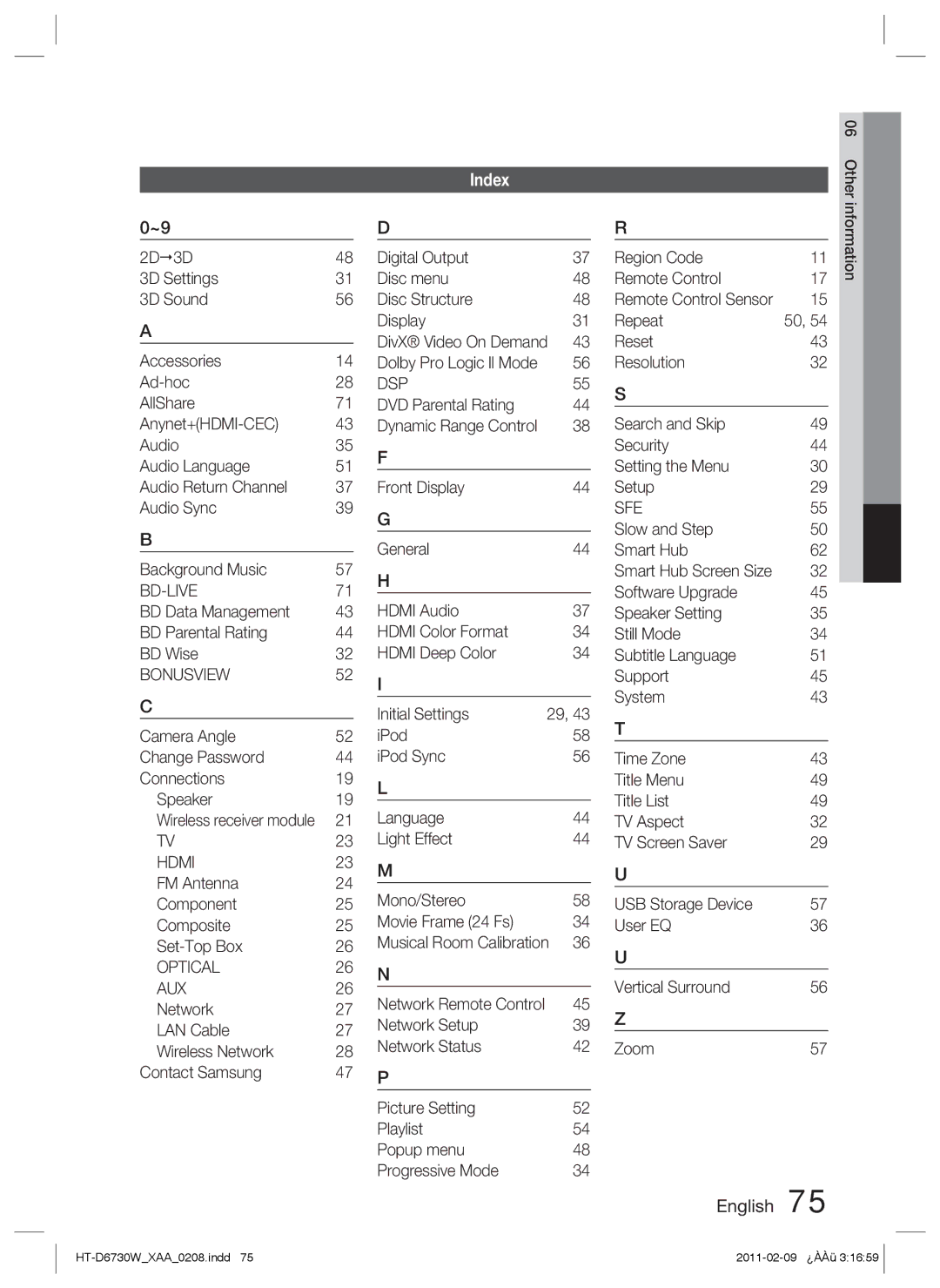 Samsung HT-D6730W user manual Index 