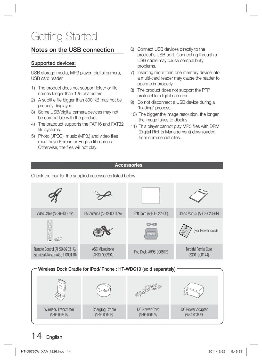 Samsung HT-D6730W/ZA manual Supported devices, Accessories 