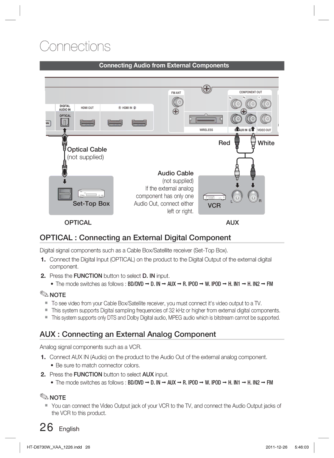 Samsung HT-D6730W/ZA manual Optical Connecting an External Digital Component, AUX Connecting an External Analog Component 