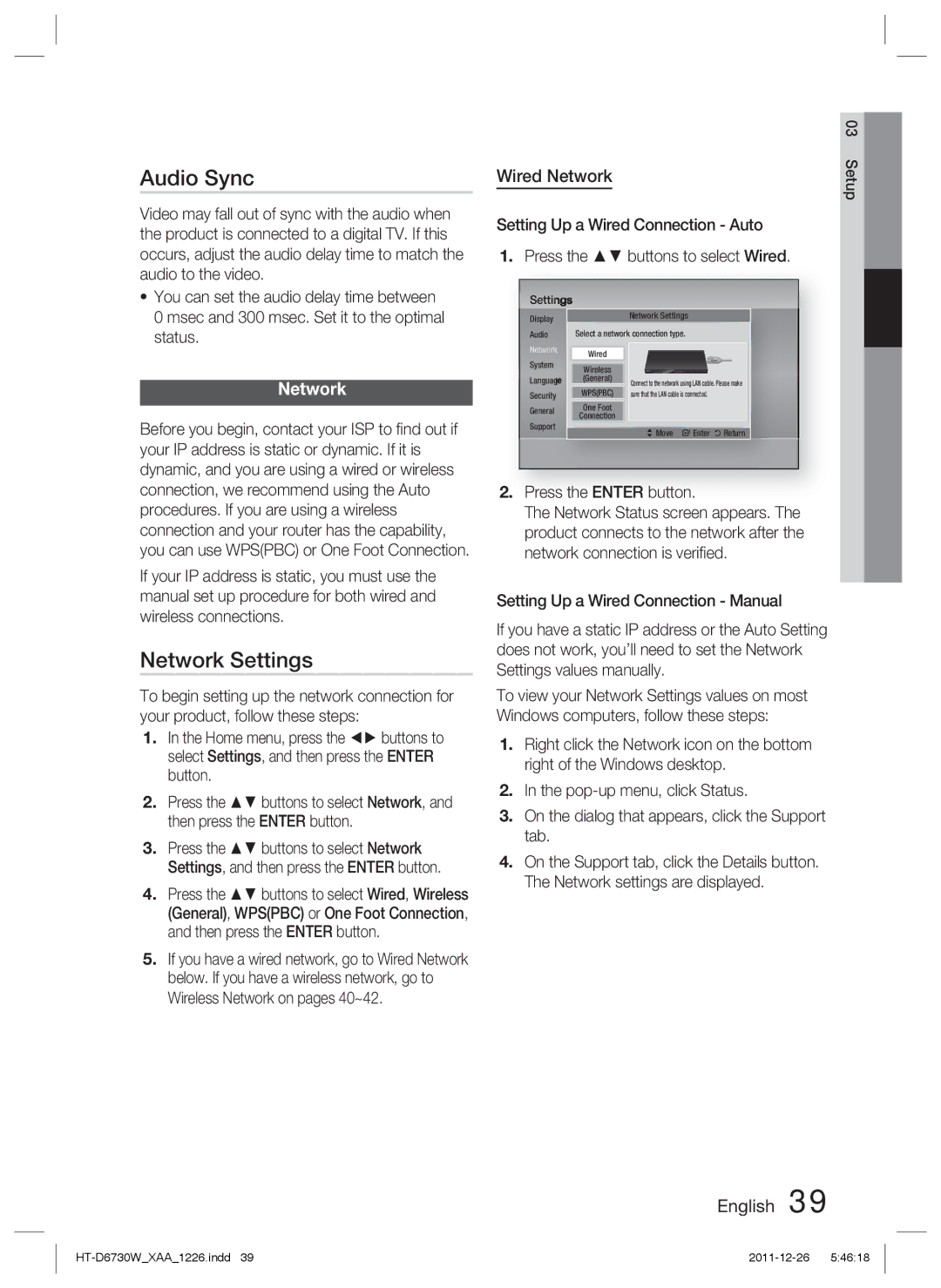 Samsung HT-D6730W/ZA manual Audio Sync, Network Settings, Wired Network, Press the Enter button 