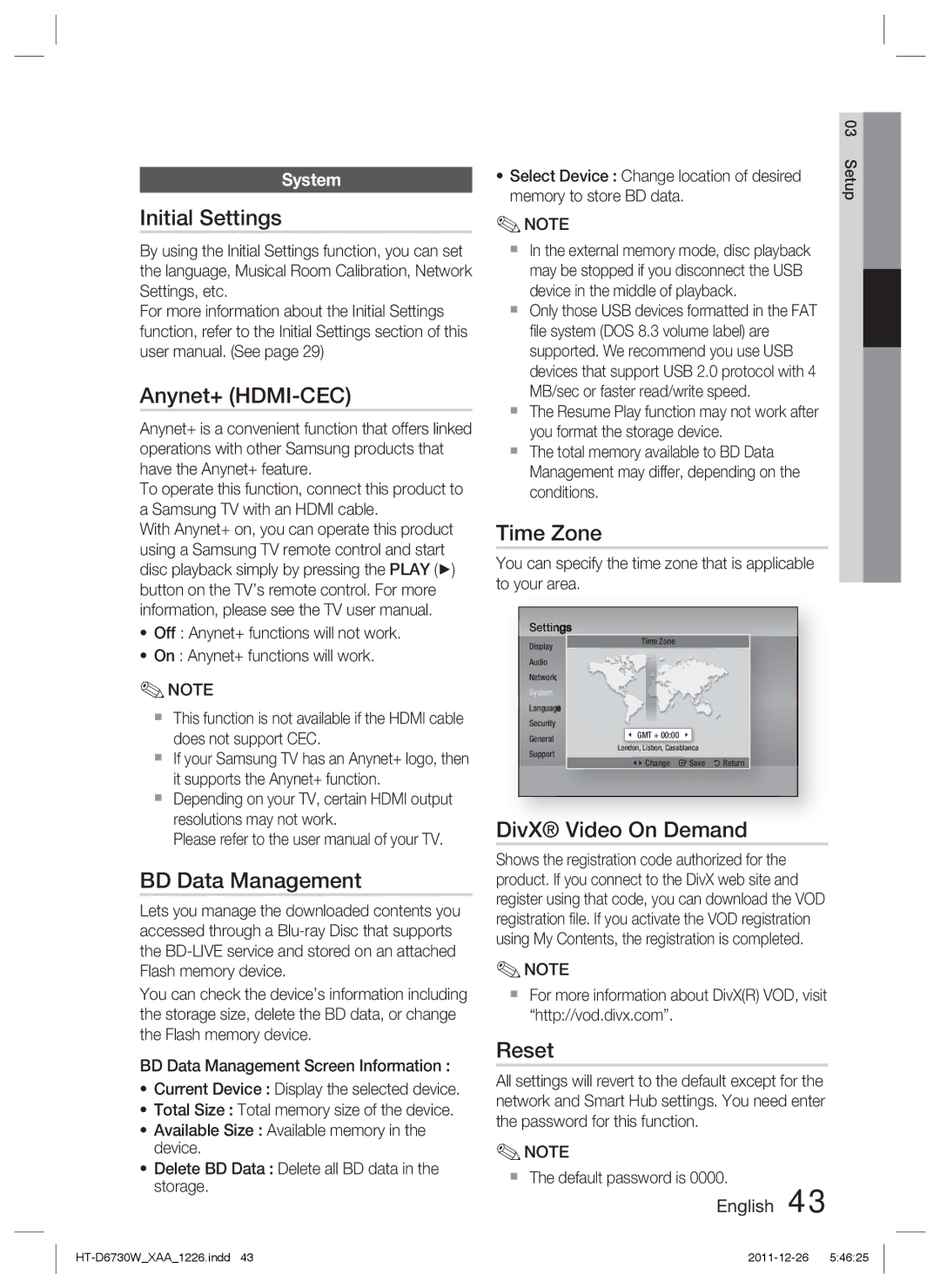 Samsung HT-D6730W/ZA manual Initial Settings, Anynet+ HDMI-CEC, BD Data Management, Time Zone, DivX Video On Demand, Reset 