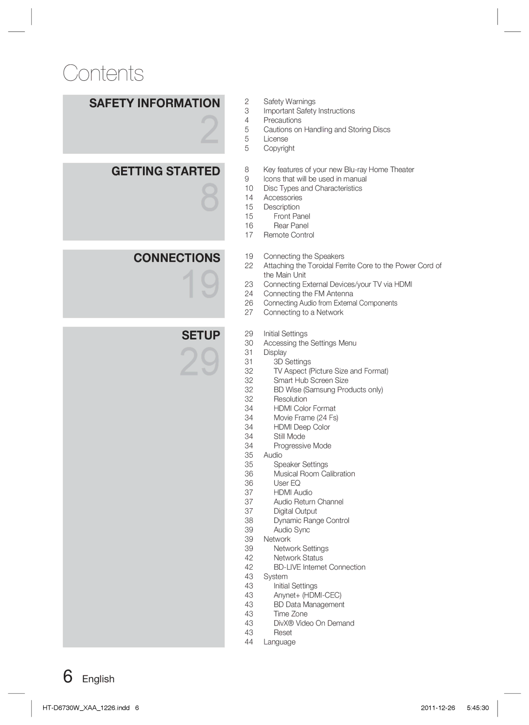 Samsung HT-D6730W/ZA manual Contents 