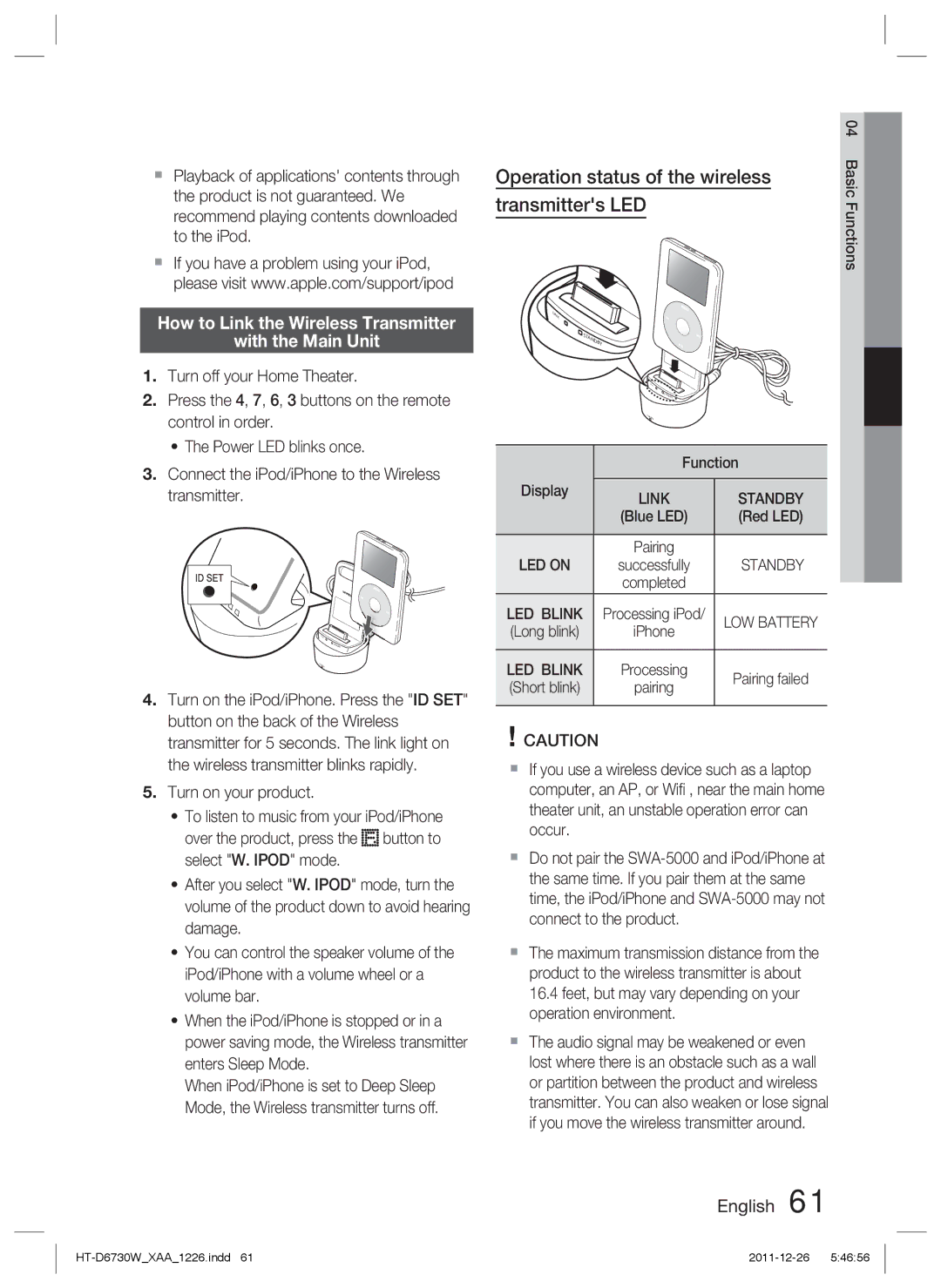 Samsung HT-D6730W/ZA manual How to Link the Wireless Transmitter With the Main Unit, LED Blink 