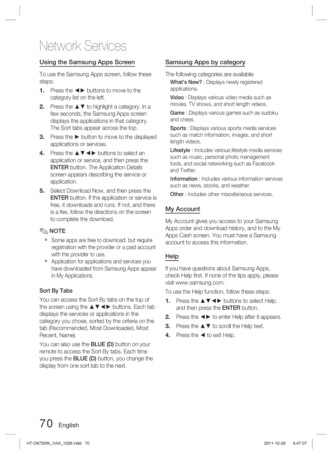 Samsung HT-D6730W/ZA manual Using the Samsung Apps Screen, Samsung Apps by category, My Account, Help 