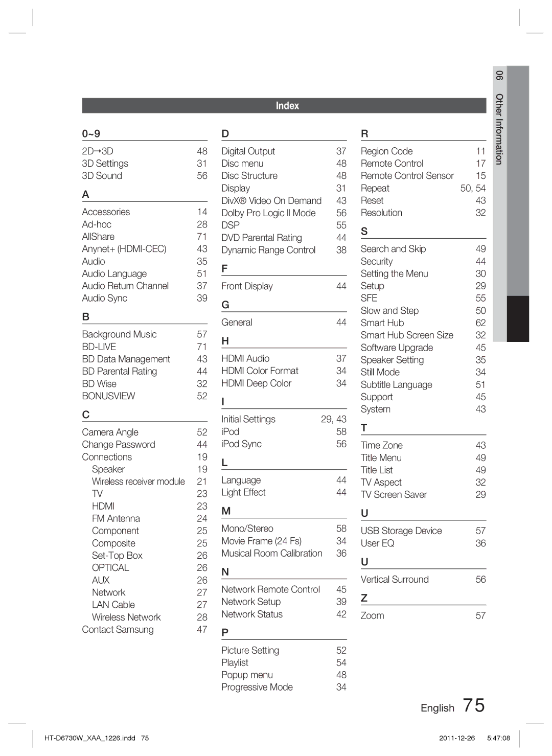 Samsung HT-D6730W/ZA manual Index 