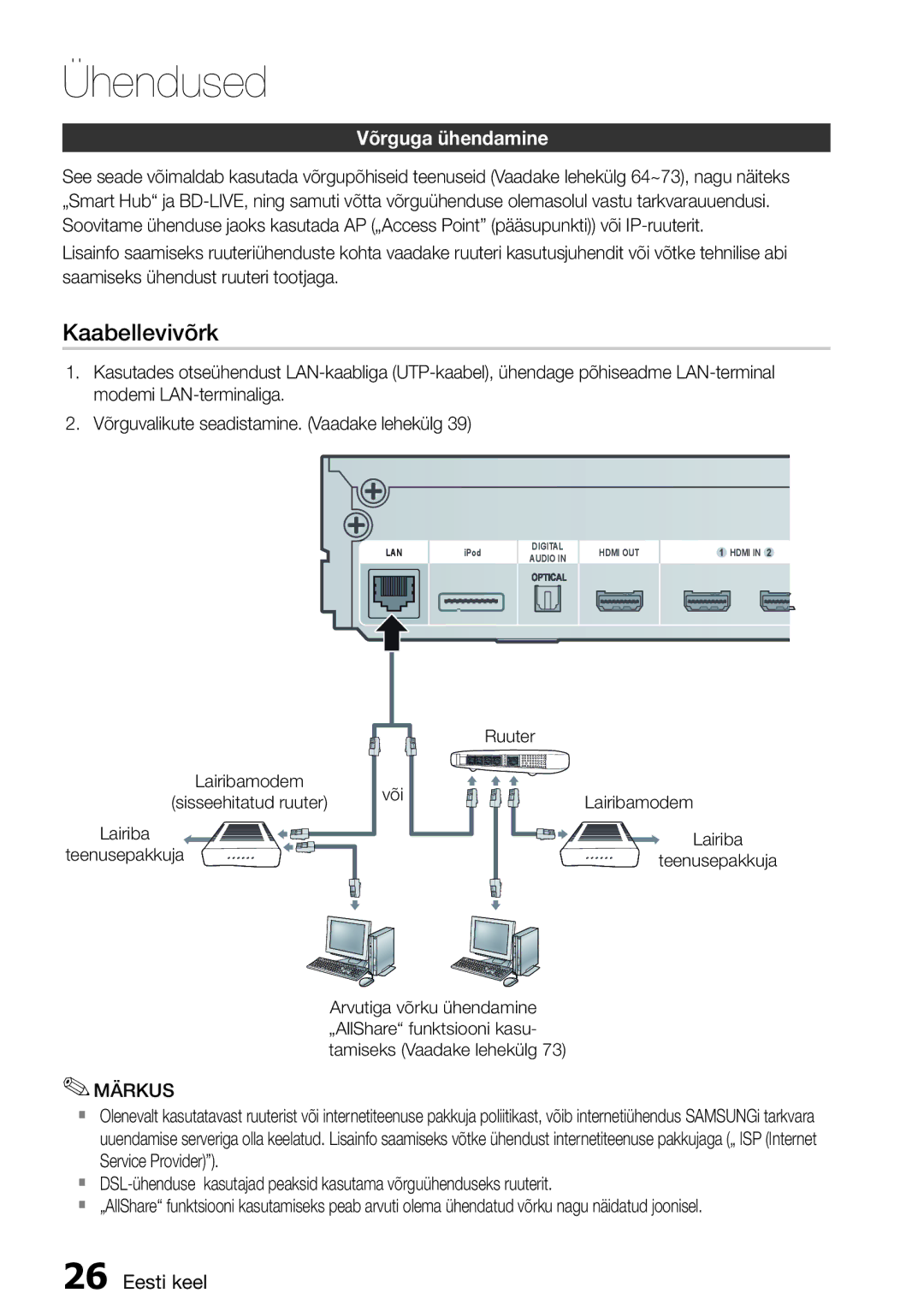 Samsung HT-D6750W/EN manual Kaabellevivõrk, Võrguga ühendamine, Lairibamodem Sisseehitatud ruuter Teenusepakkuja Või Ruuter 