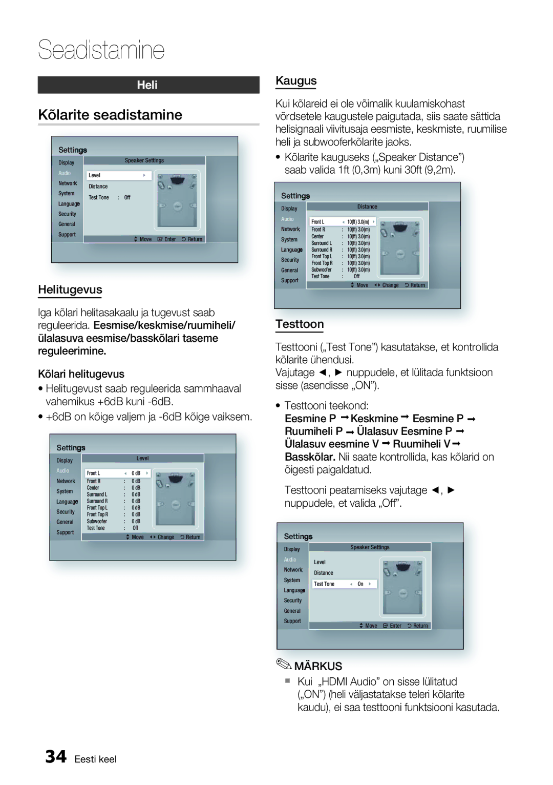 Samsung HT-D6750W/EN manual Kõlarite seadistamine, Helitugevus, Kaugus, Testtoon 