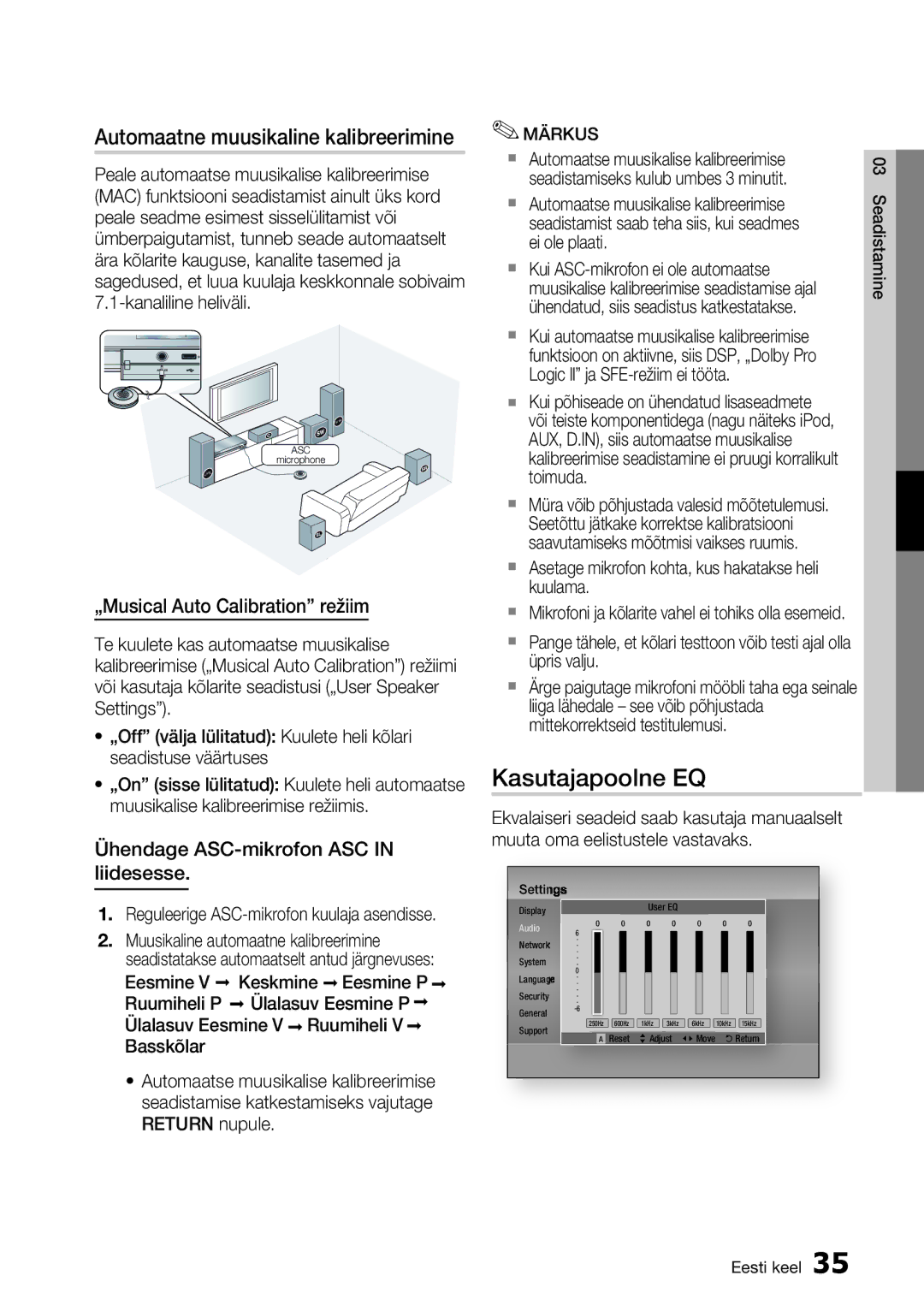 Samsung HT-D6750W/EN manual Kasutajapoolne EQ, Automaatne muusikaline kalibreerimine, „Musical Auto Calibration režiim 