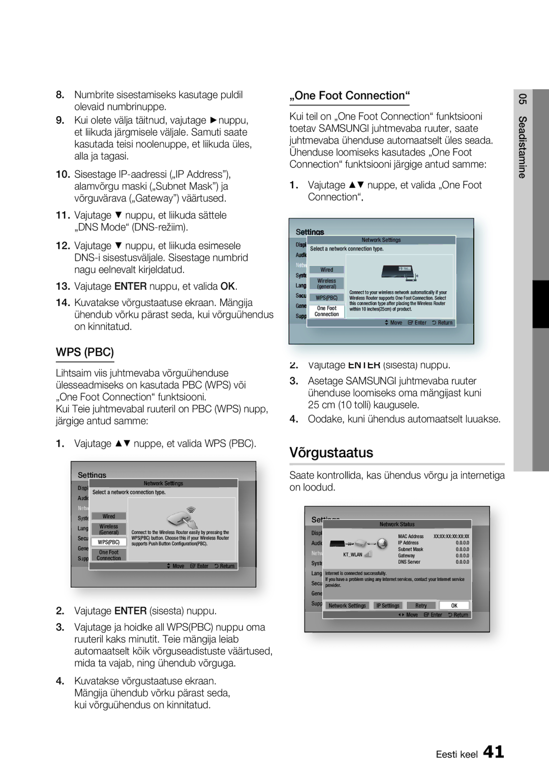 Samsung HT-D6750W/EN manual Võrgustaatus, „One Foot Connection, Numbrite sisestamiseks kasutage puldil olevaid numbrinuppe 