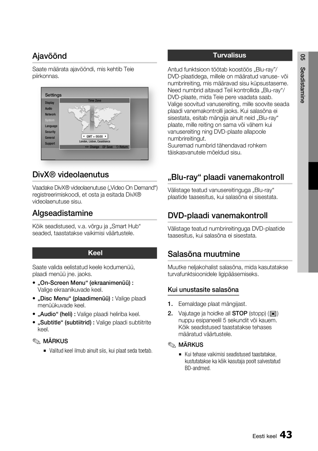 Samsung HT-D6750W/EN Ajavöönd, DivX videolaenutus, Algseadistamine, „Blu-ray plaadi vanemakontroll, Salasõna muutmine 