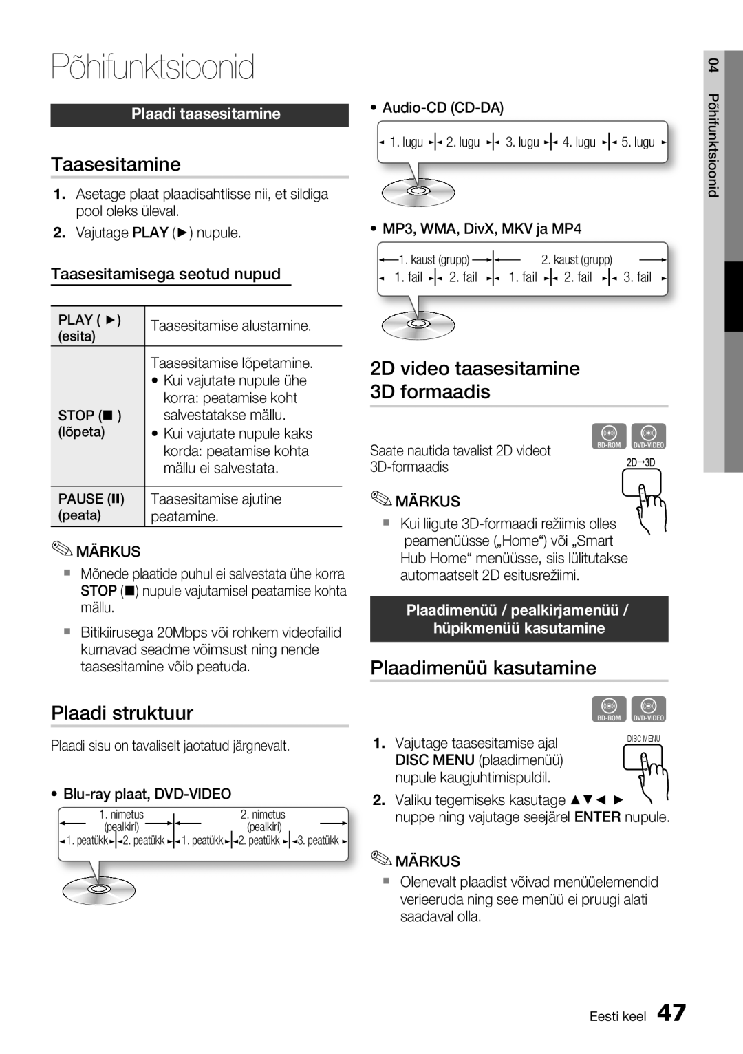 Samsung HT-D6750W/EN manual Taasesitamine, 2D video taasesitamine, 3D formaadis, Plaadi struktuur, Plaadimenüü kasutamine 