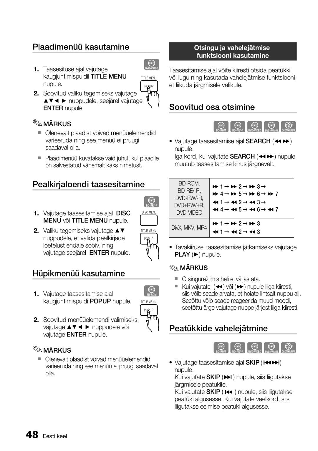 Samsung HT-D6750W/EN Pealkirjaloendi taasesitamine, Soovitud osa otsimine, Hüpikmenüü kasutamine, Peatükkide vahelejätmine 