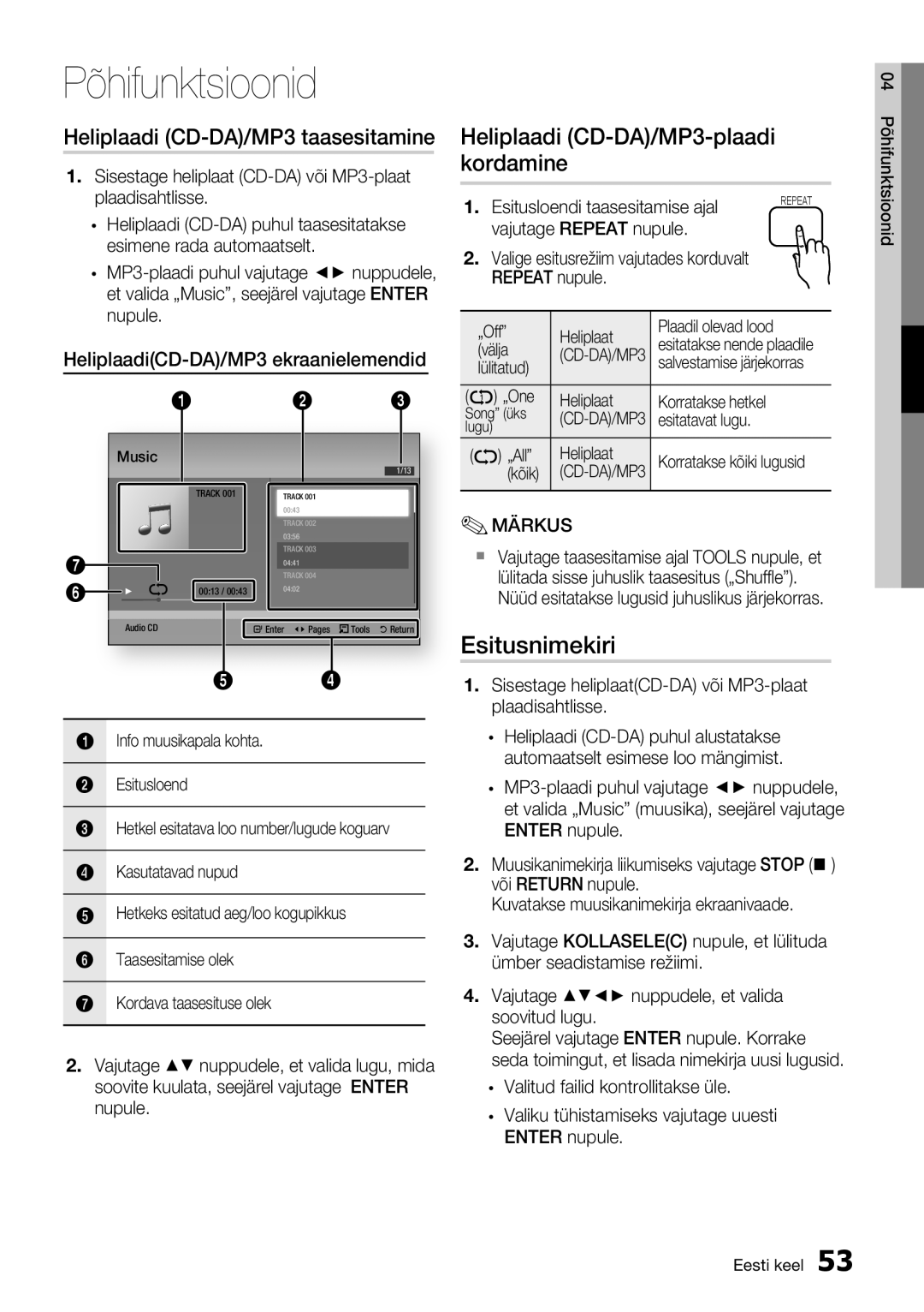 Samsung HT-D6750W/EN manual Esitusnimekiri, Heliplaadi CD-DA/MP3-plaadi kordamine, Heliplaadi CD-DA/MP3 taasesitamine 