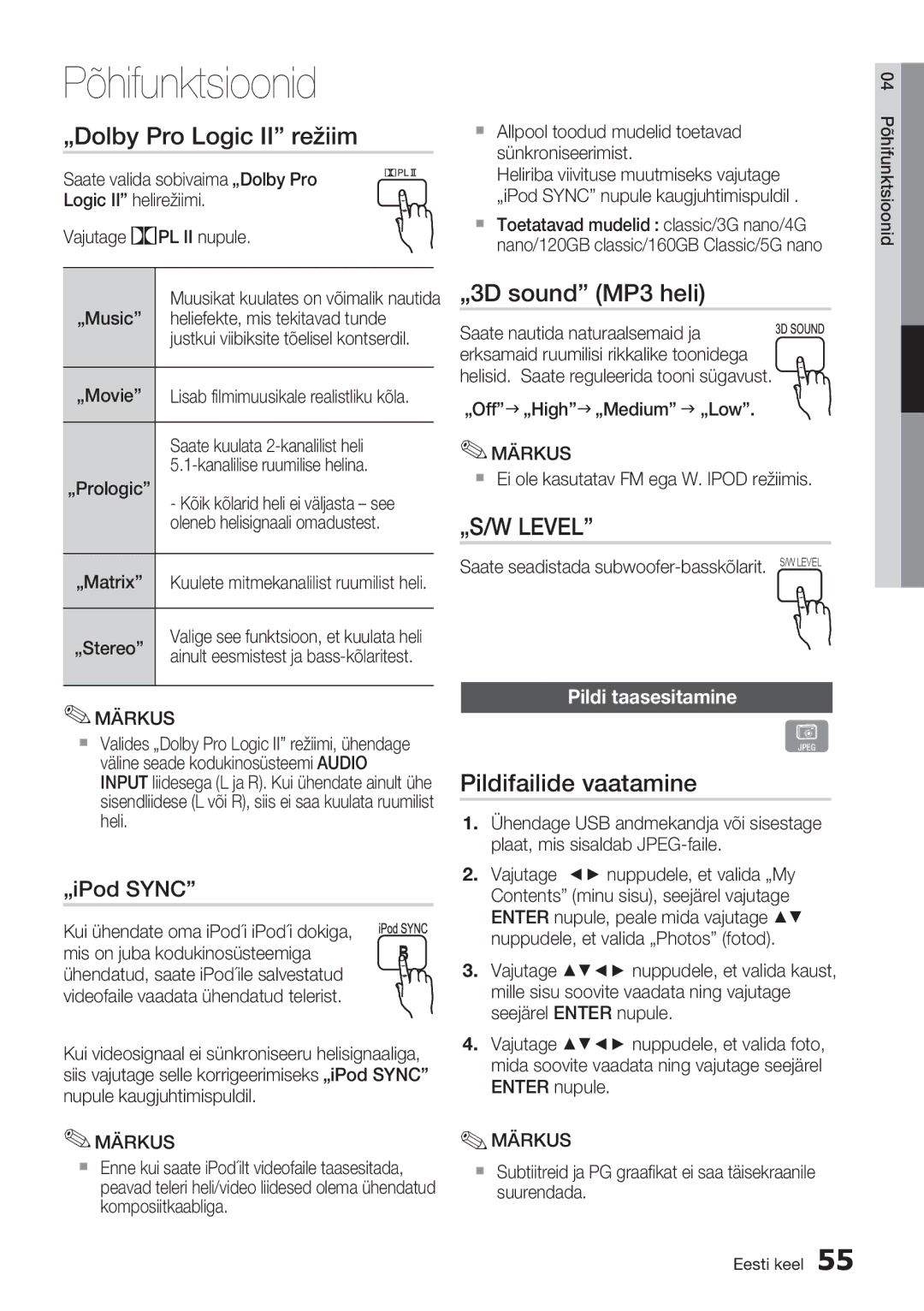 Samsung HT-D6750W/EN manual „Dolby Pro Logic II režiim, „3D sound MP3 heli, Pildifailide vaatamine, „iPod Sync 