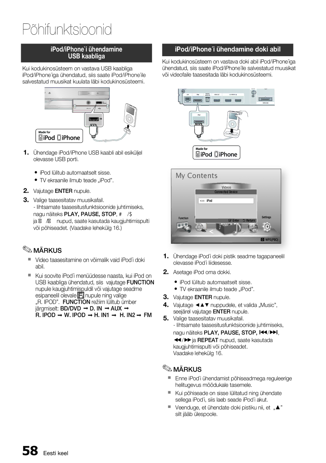 Samsung HT-D6750W/EN manual IPod/iPhone`i ühendamine USB kaabliga, IPod/iPhone´i ühendamine doki abil 