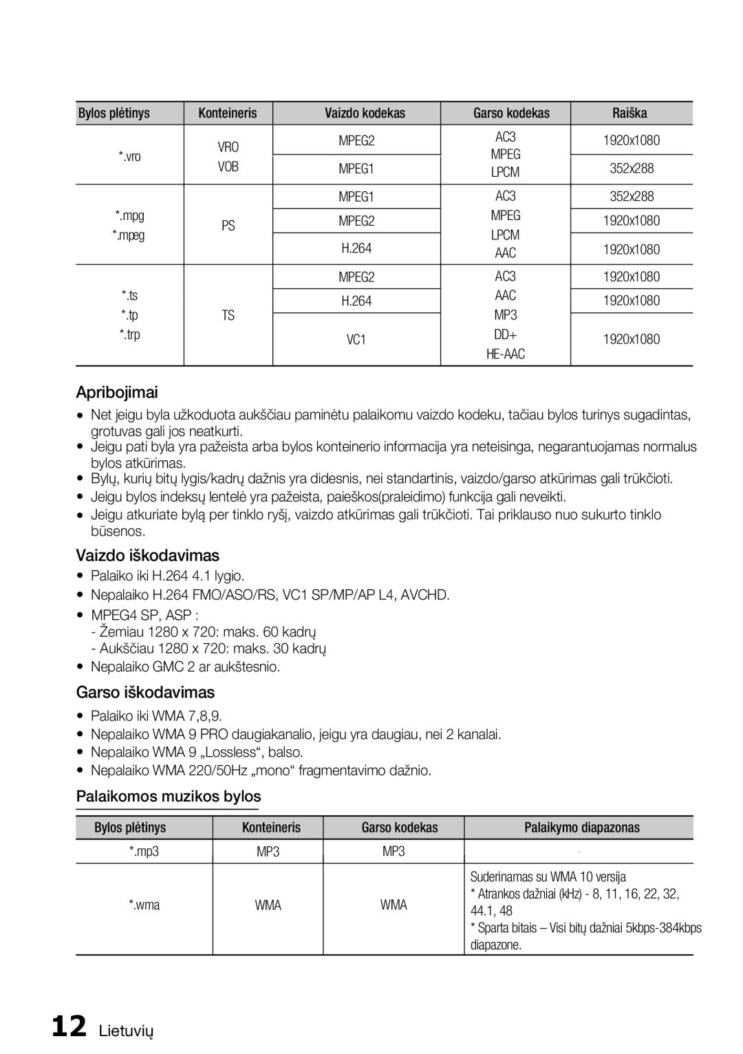 Samsung HT-D6750W/EN manual Palaikomos muzikos bylos, Vob 