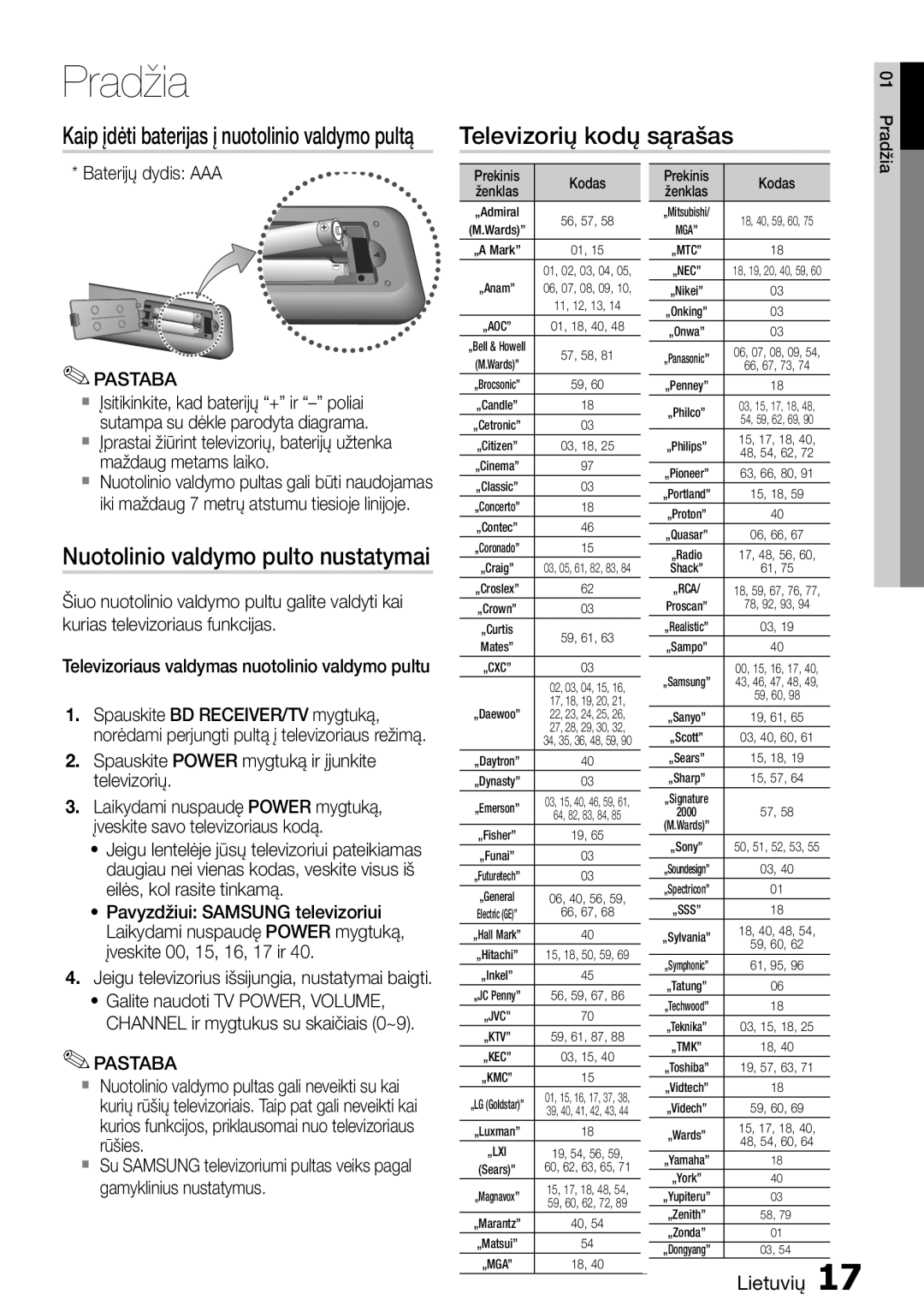 Samsung HT-D6750W/EN manual Televizorių kodų sąrašas, Nuotolinio valdymo pulto nustatymai 