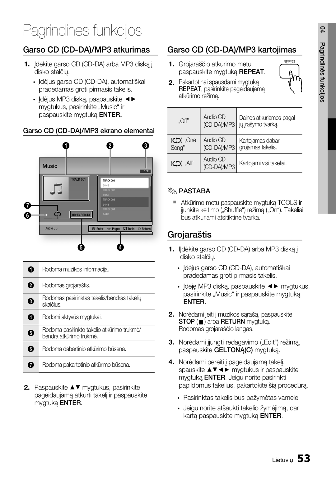 Samsung HT-D6750W/EN manual Grojaraštis, Garso CD CD-DA/MP3 ekrano elementai 