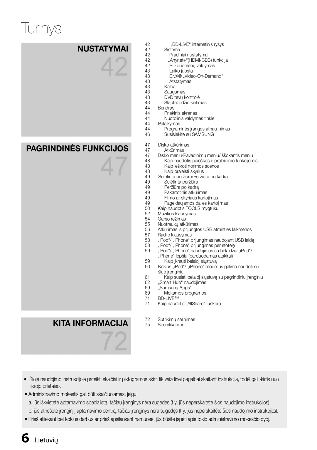 Samsung HT-D6750W/EN manual Pagrindinės Funkcijos 