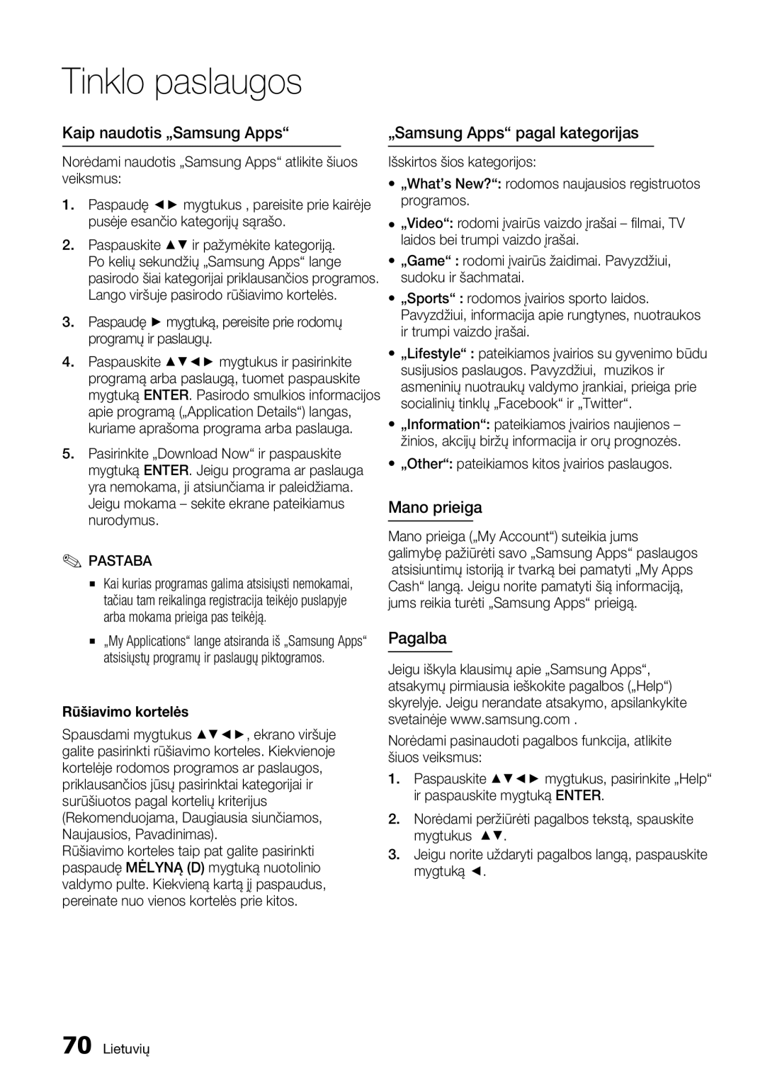 Samsung HT-D6750W/EN manual Kaip naudotis „Samsung Apps „Samsung Apps pagal kategorijas, Mano prieiga, Pagalba 