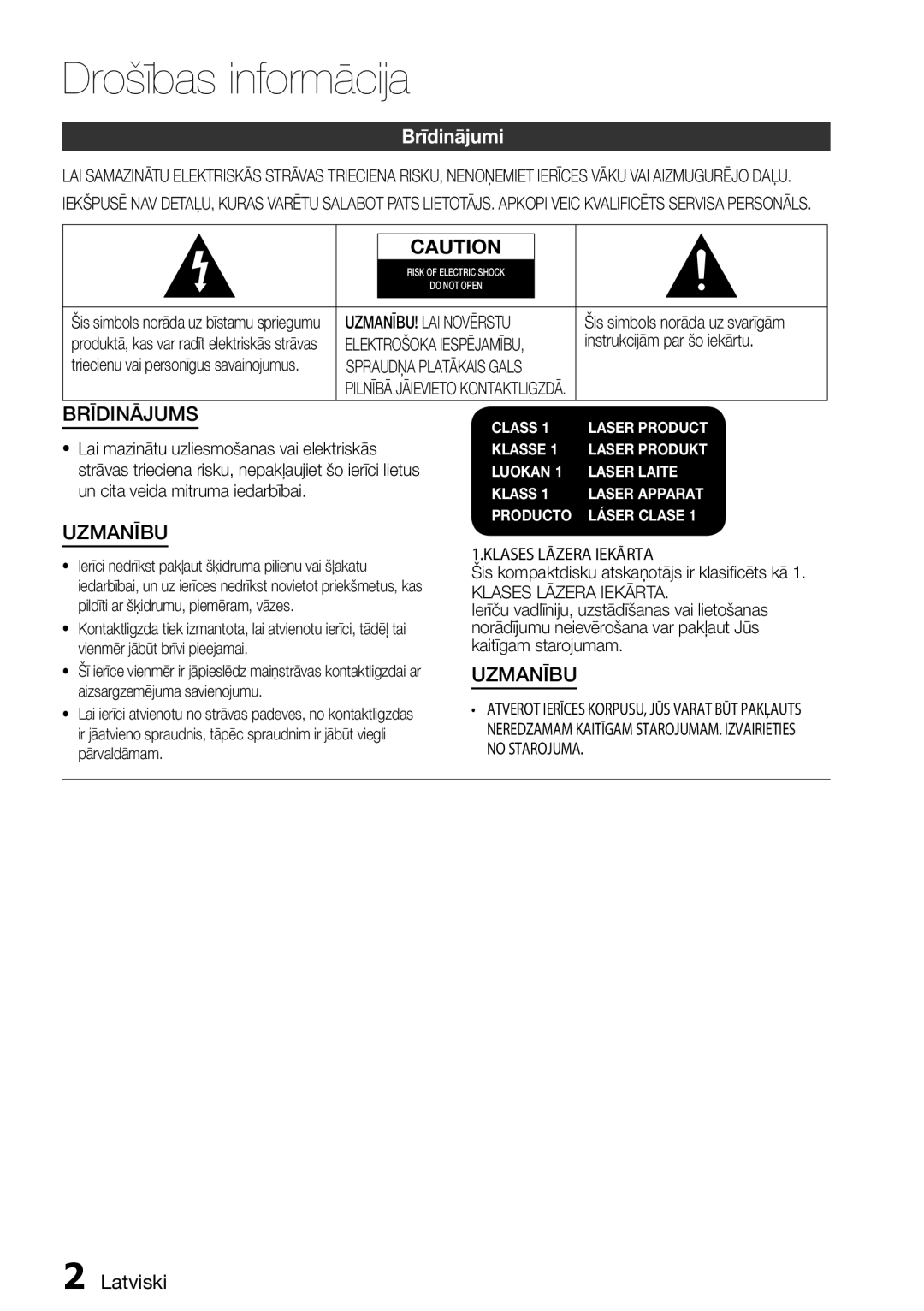 Samsung HT-D6750W/EN manual Brīdinājumi, Latviski, UZMANĪBU! LAI Novērstu, Klases Lāzera Iekārta 