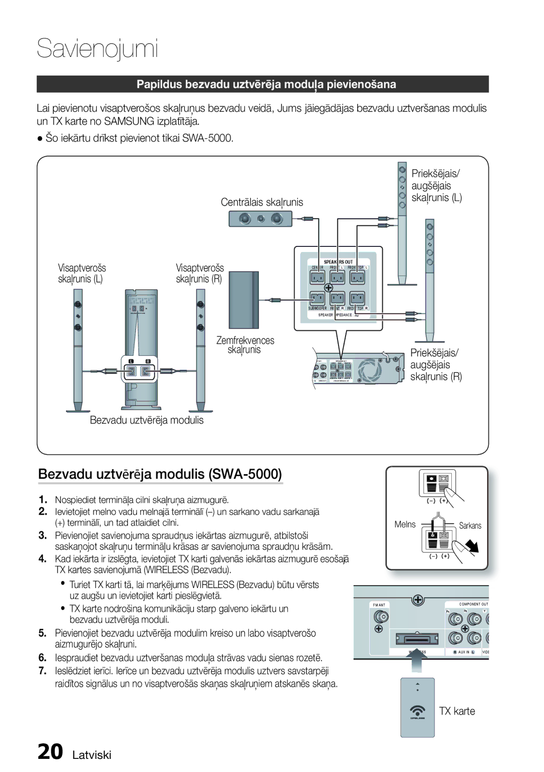 Samsung HT-D6750W/EN manual Bezvadu uztvērēja modulis SWA-5000, Papildus bezvadu uztvērēja moduļa pievienošana 